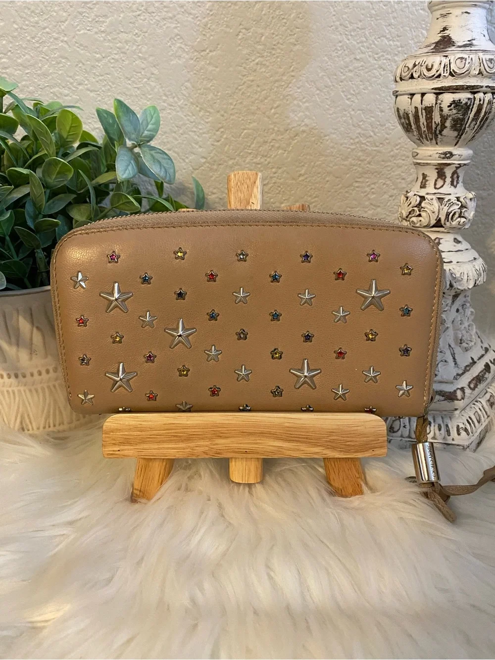 Jimmy Choo Filipa Studded Star Wristlet Zip Wallet - Tan